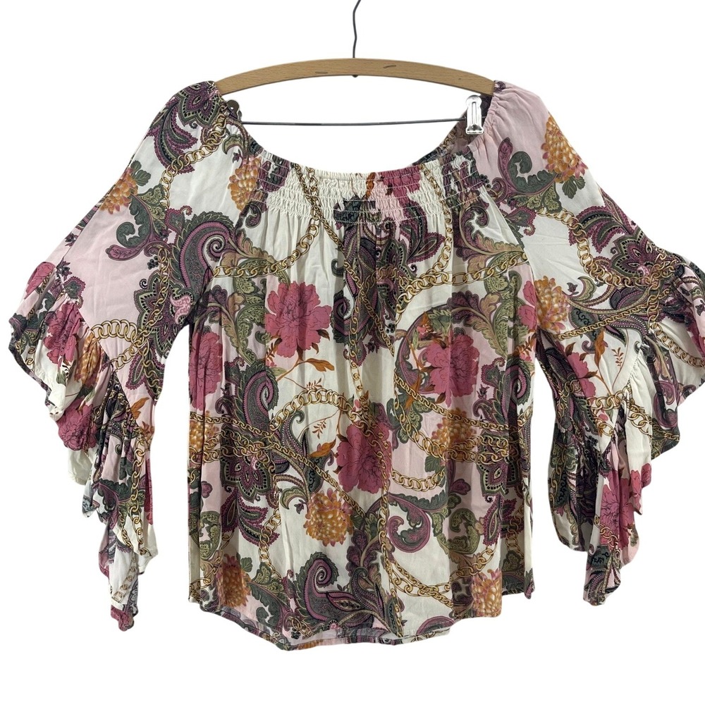 Paisley Floral‎ Chain Print Blouse Women L Pink Ruffle Fairy Sleeve Boho Hippie